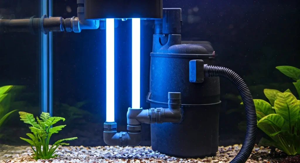 Jak dlouho svítit UV lampou v akváriu? Kompletní průvodce 1 Detailní pohled na svítící UV lampu zapojenou k akvarijnímu filtru