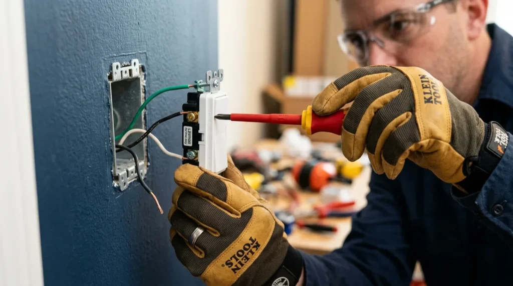Vše o tématu jaké nouzové svítidla do ordinace pediatrie: Technické specifikace, výběr a montáž 1 Elektrikář provádějící bezpečnou výměnu nástěnného vypínače osvětlení pomocí izolovaného šroubováku