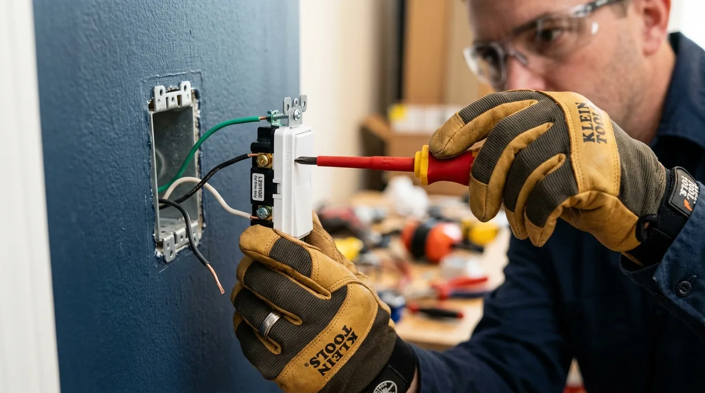 Elektrikář provádějící bezpečnou výměnu nástěnného vypínače osvětlení pomocí izolovaného šroubováku